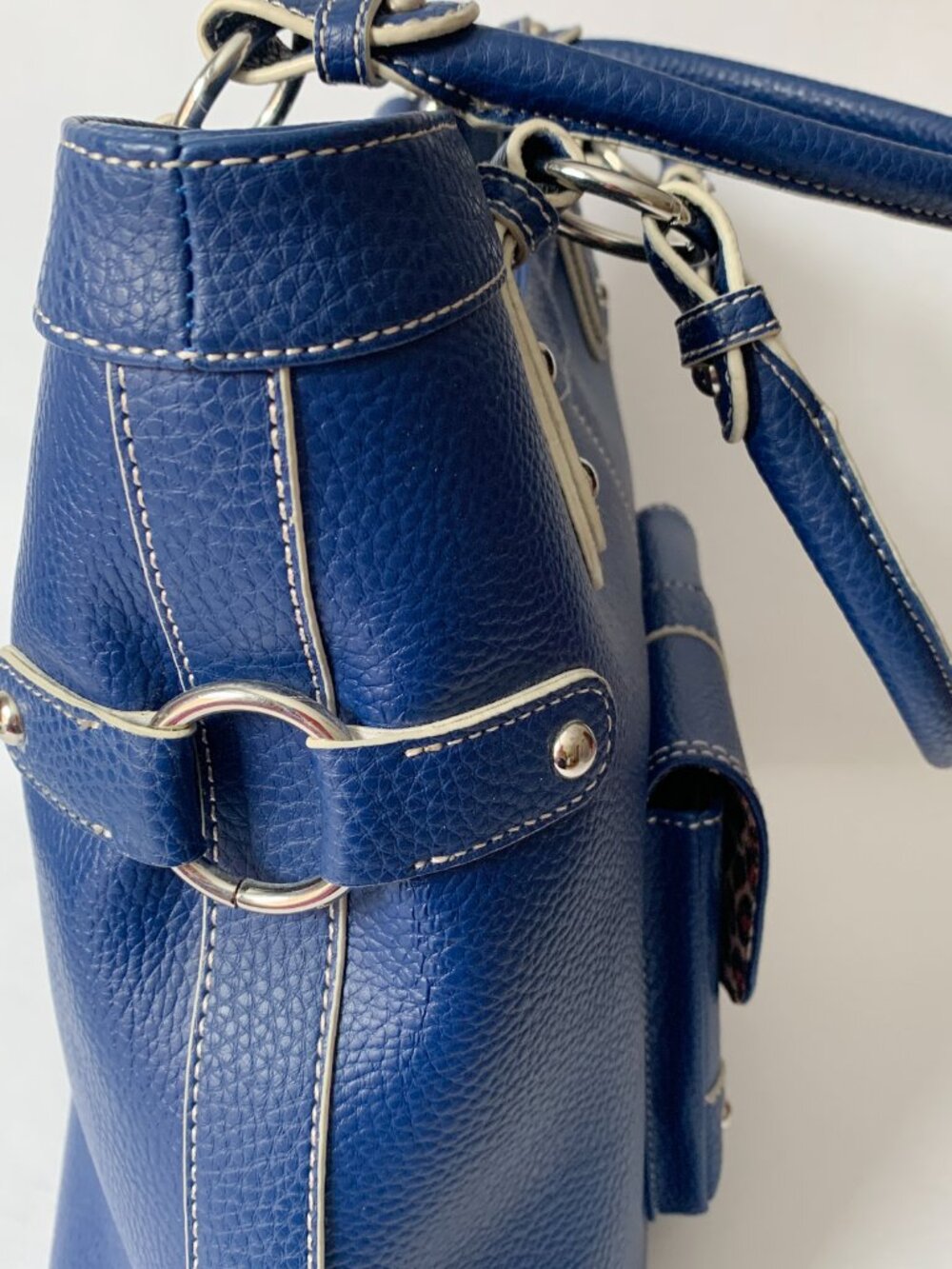 Wilsons Leather Satchel Handbag | Royal Blue | Leopard Print Lining - Picture 5 of 14